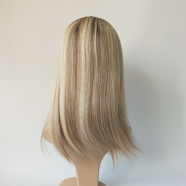 

stock kosher ers jewish human hair women's toupee ombre blonde highlights 16 inch t8-22hls10# 8"*8" mongolian remy hair high, Black;brown