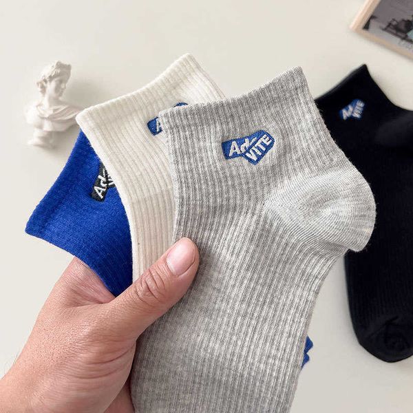 

men's socks socks short summer pure cotton sweat-absorbing breathable sports medium deodorant versatile embroidered letter wet, Black