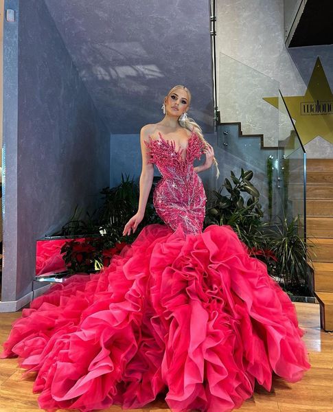 

luxury pink evening dresses sleeveless v neck 3d lace beaded pearls appliques sequins mermaid floor length celebrity layered formal prom dre, Black;red