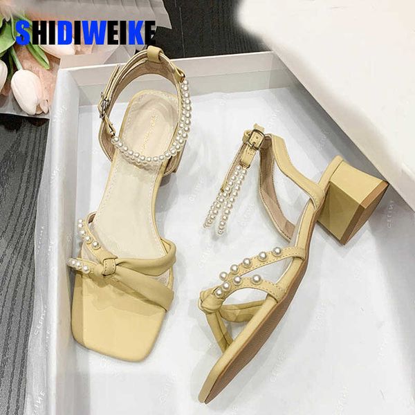 

sdwk 4cm pearl sandals women summer fairy style fashion square toe string bead party wedding high heels mid heel woman shoes 0220, Black
