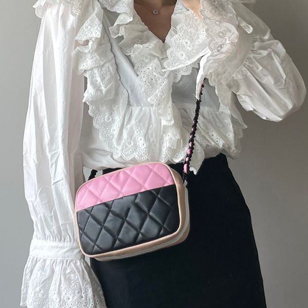 

womens lambskin two-tone camera bags classic diamond lattice panda black metal hardware matelasse chain crossbody shoulder cosmetic case van