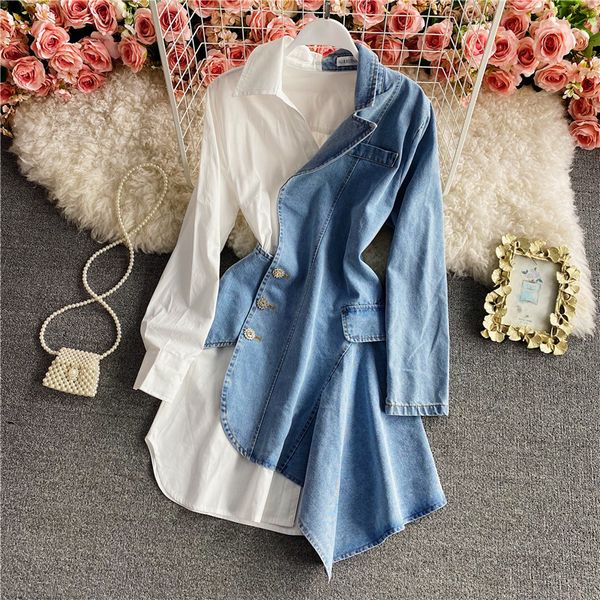

fashion irregular casual dresses denim patchwork vestidos femmeturn-down collar long sleeve robe female suit shirts summer new dresses 2023, Black;gray