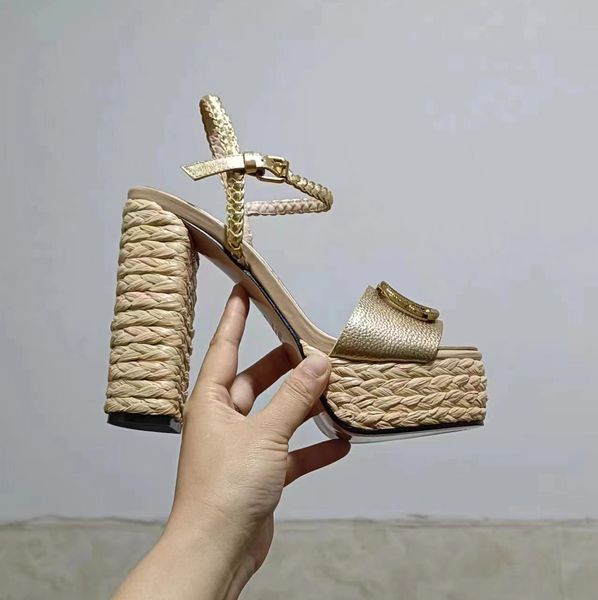 

womens high heeled sandals designer buckle woven lafite grass shoes cow leather 13cm heel thick platform sandals factory shoes, Black