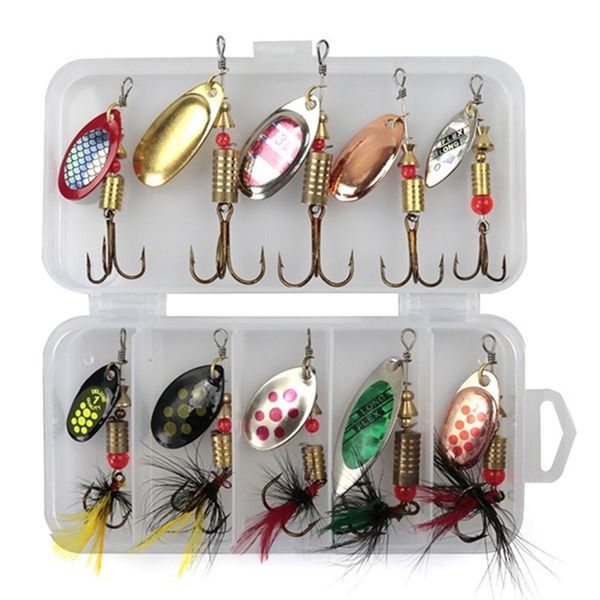 

fishing hooks 10pcs 1box rotating metal lures 3g 7g feather treble hook spinner spoon trolling hard baits saltwater lure set 230220