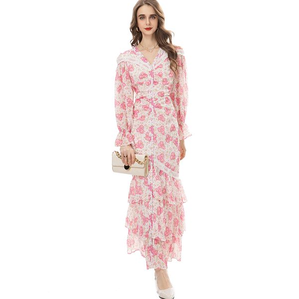 

women's runway dresses v neck long sleeves floral printed tiered ruffles single breasted elegant party prom, Black