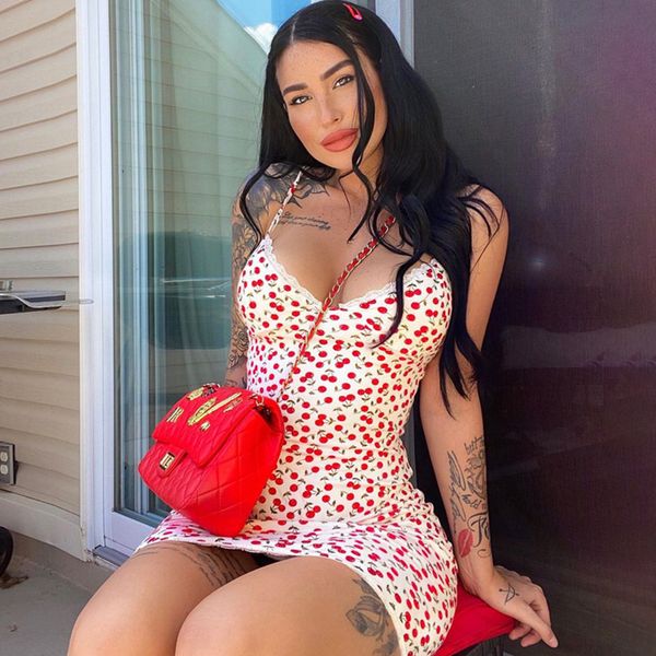 

casual dresses little cherry print lace wrapped vneck strap women's 2023 summer fashion style backless slim one step short 230220, Black;gray
