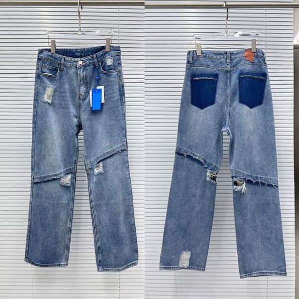 

men s jeans casual fashion straight ader error splice vintage washed hole denim trousers pants 230217, Blue