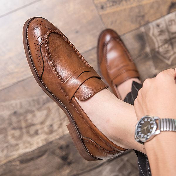 

dress shoes luxury brand penny loafers men casual shoes slip on leather dress big size 3847 brogue carving loafer driving 230220, Black