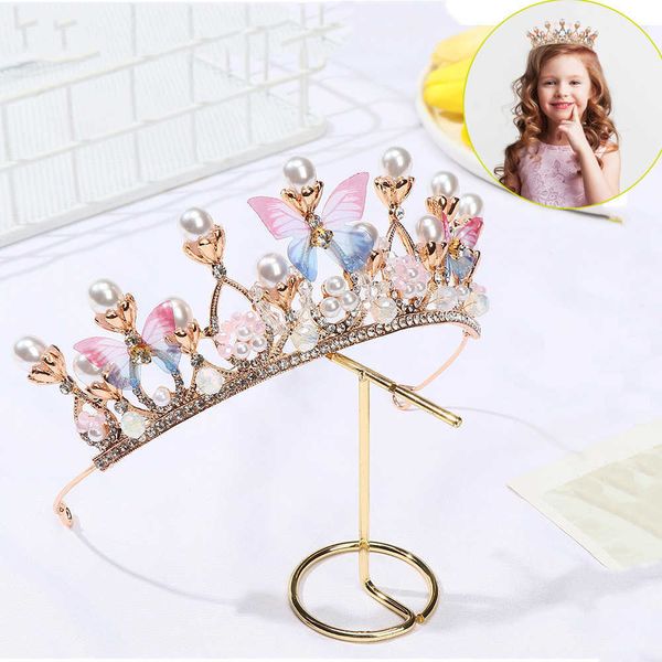 

tiaras alloy jewelry princess crown girls butterfly tiaras hair accessory children birthday pearl crystal crown headband wedding crown z0220, White;golden