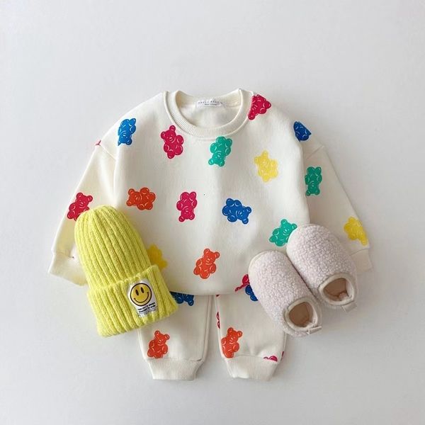 

clothing sets autumn baby clothes cute colorful bear print sweatshirt for boys girl casual pants outfits children 2pcs suit 230220, White