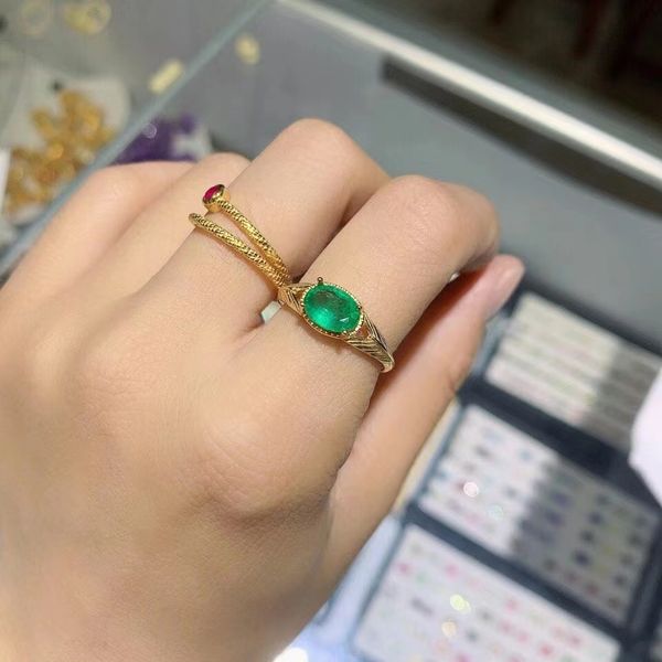 

s925 sterling silver natural emerald adjustable ring, Golden;silver