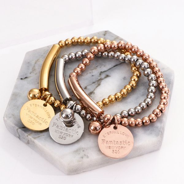 

stainless beaded bracelet with engrave fantastic letter round spacer charms design women bracelets, Golden;silver
