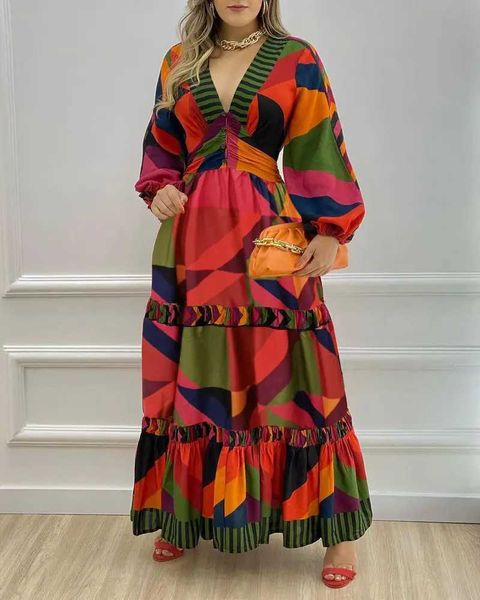 

casual dresses geometric print lantern sleeve maxi dress l230217, Black;gray