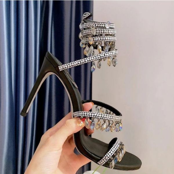 

turquoise pendant decoration embellished stiletto heels sandals 10cm rhinestone metal gun color women high heeled luxury designers wraparoun, Black