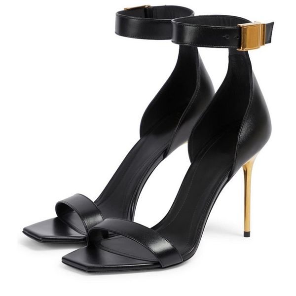 

latest fashion metallic feeling high heel sandals shoes 10cm women watchband decoration gold stiletto dress shoes luxury designer leather an, Black