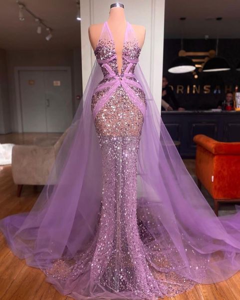 

purple mermaid prom dresses sleeveless v neck lace halter appliques hollow shiny sequins beaded floor length celebrity evening dresses plus, Black