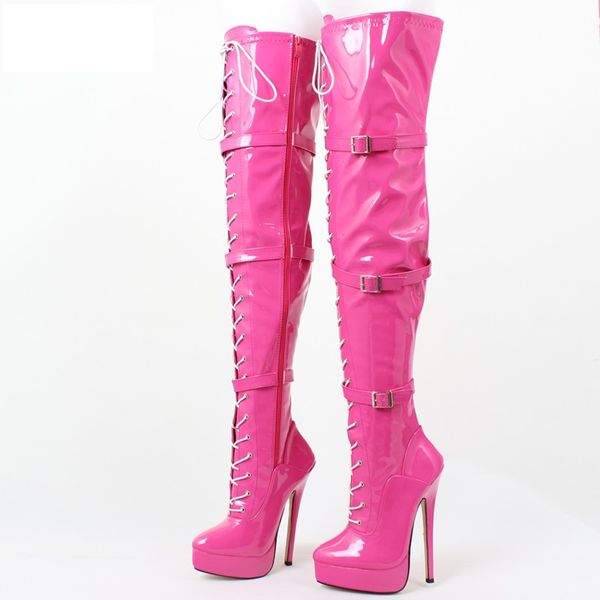 

18cm women stretch thigh high boots cosplay dancing shoes night club buckles man crossdresser platforms botas red blue rosy dropship cutomiz, Black