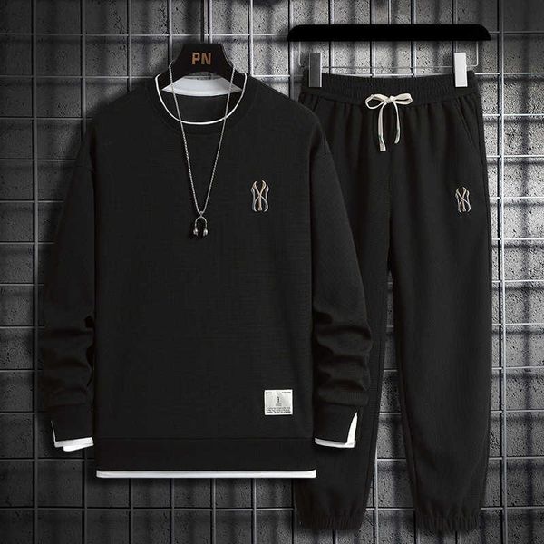 

yoga clothes 2023 spring and autumn sweater set men's fashion waffle round neck pants two-piece sports casual wear, Black;white