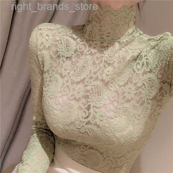 

women's t-shirt women's t-shirt girls hollow out lace blouses shirts tees female turtleneck full sleeve back zipper elastic elegan, White