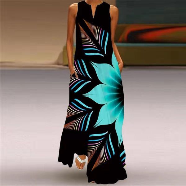 

casual dresses classical boho printed women sleeveless vneck maxi dress ladies elegant retro long party beach vestidos 230220, Black;gray