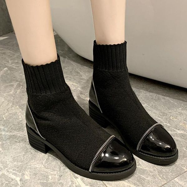 

boots sagace shoes women winter zipper slip on knitted upper warm lining strentch ankle heels fashion boots-women, Black