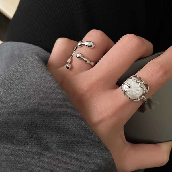 

milk minority design irregular metal cool wind ring female personality versatile index finger pearl temperament ring, Silver