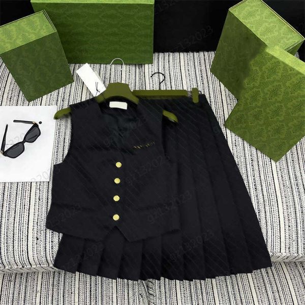 

vest two piece dress front metal chain custom buttons lapel sleeveless jacket matching high-waisted pleated mid-length skirts two pieces set, White