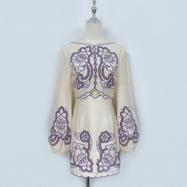 

women's dress slash neck lantern sleeve gathered waist flower embroidery linen mini dress, Black;gray