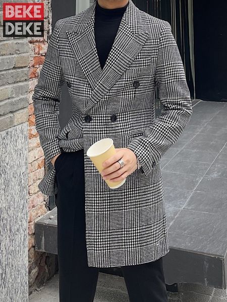 

men's wool blends autumn men vintage plaid long en jacket double breasted slim fit business work cargo coat fashion windbreaker 230217, Black