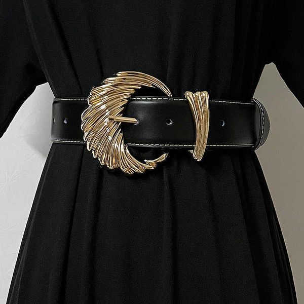 

belts 2023 autumn winter kid coat dress waistband real cow leather wide buckle waist belt luxury brand famale strap belt decoration j230220, Black