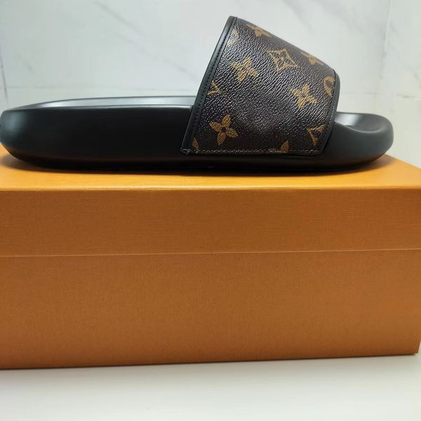 

leather thick round bottom slippers slides casual shoe with box flat slide designer women slipper flip flop luxury brand lightweight house b, Black