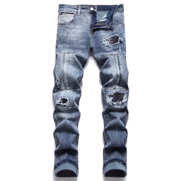 

trend embroidery ripped stick cloth handsome personality do old high street men's jeans fashion elastic stitching straight leg pants, Blue