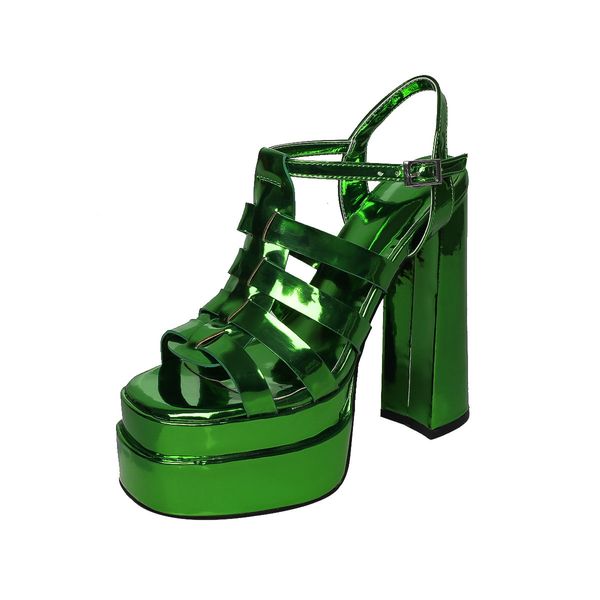 

sandals summer style square head open toe woven raised thick heel patent leather large size sandals for women 230220, Black