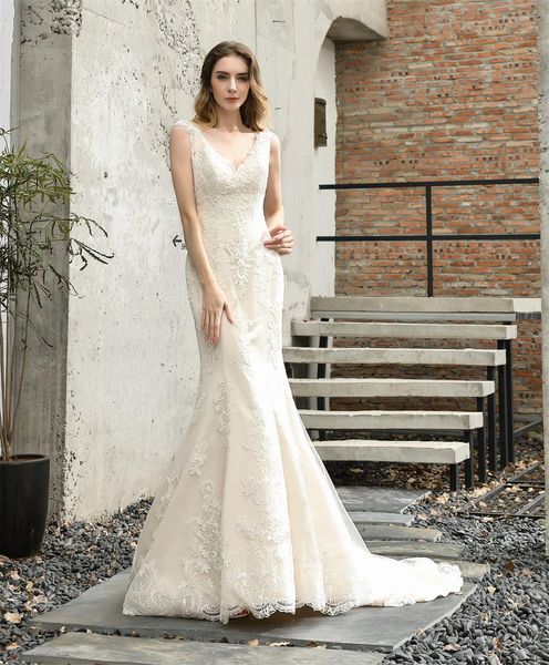 

mermaid wedding dress sequin slim deep v long style en45398, White