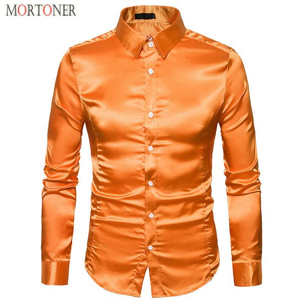 

men's casual shirts orange party wedding satin shirt men slim fit long sleeve casual smooth shirt dance prom wrinkle tuxedo shirts chem, White;black