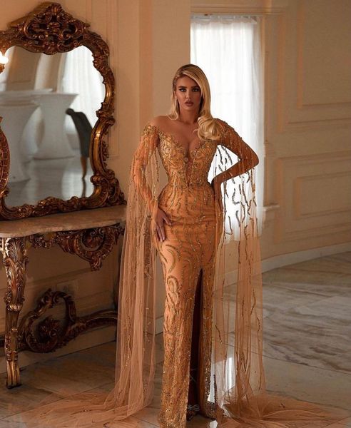 

gold evening dresses sleeveless deep v neck capes lace beaded appliques sequins pearls front slit floor length celebrity formal prom dresses, Black;red