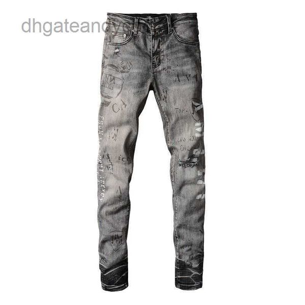 

's denim jeans designer pants man 879 high street 2023 broken knee graffiti letter print amirs small foot smoke grey jeans men's f, Blue