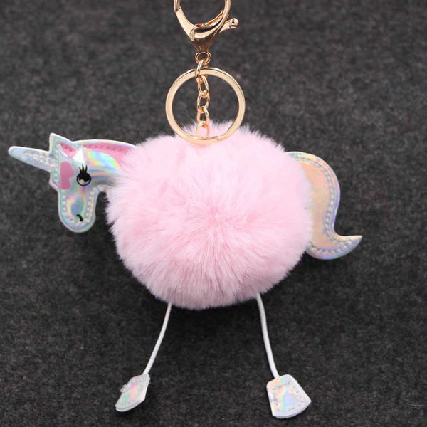 

key rings fur pompom unicorn keychain fluffy artificial rabbit hair keychain porte clef pompon de fourrure pu leather women's keyring g, Slivery;golden