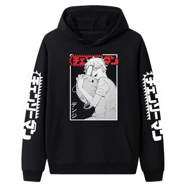 

men's hoodies sweatshirts anime manga chainsaw man hoodies makima denji print streetwear men women fashion oversized sweatshirts hoodie, Black