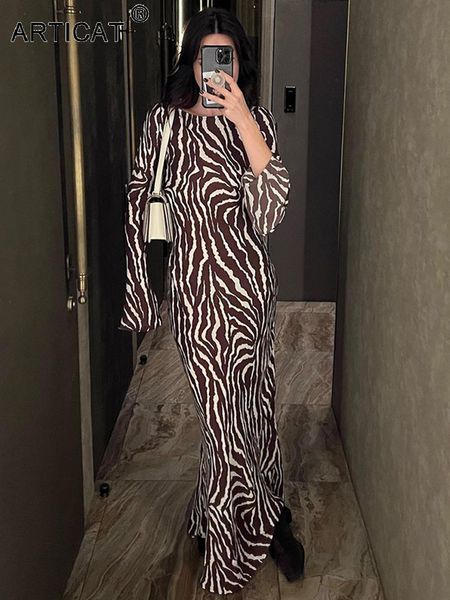 

casual dresses articat mesh o neck tie dye brown zebra stripes flare sleeve long women loose ankle length fashion streetwear 230221, Black;gray