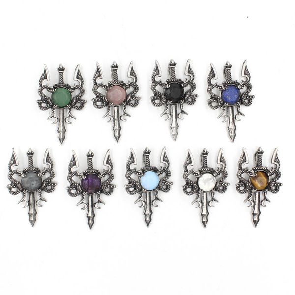 

wholesale natural stone pendant crystal labradorite double-winged dragon sword pendant bracelet accessories, Silver