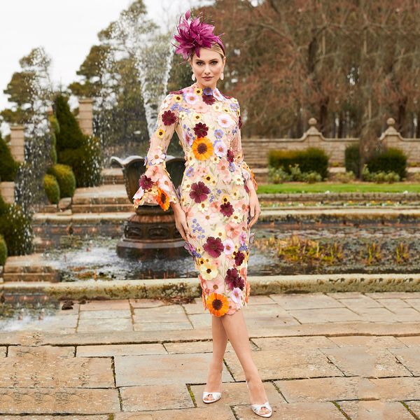 

casual dresses stylish jewel 3d floral mother of bride with sleeves aline tea length wedding guest gown 34 sleeve mother's party wear 2, Black;gray