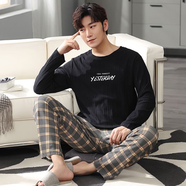 

men's sleepwear big yards l-4xl full cotton pyjamas men pijamas para hombre long-sleeve casual sleepwear men homewear gray pajamas set, Black;brown