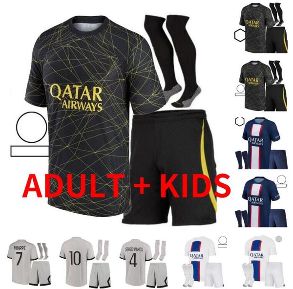 

22 23 mbappe paris soccer jerseys player 30 10 di maria hakimi sergio ramos sanches psgs maillots de football shirt 2022 2023 men kids kit u, Black;yellow