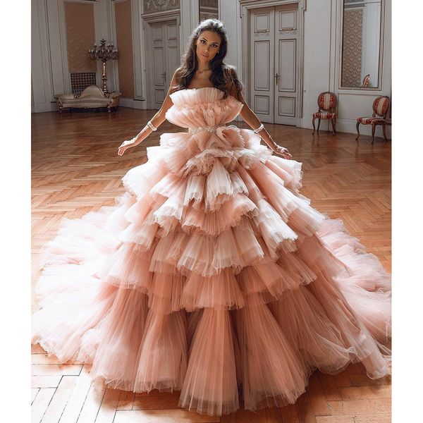 

party dresses uzn gorgeous ball gown tiered tulle prom blush pink elegant evening long robe de bal 230221, White;black