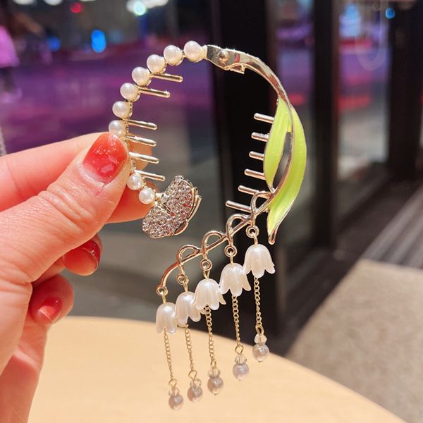 

bright silver ribbon retro fairy wind chime hairpin grab clip hair claw woman girls styling barrette headdress 1690, Slivery;white