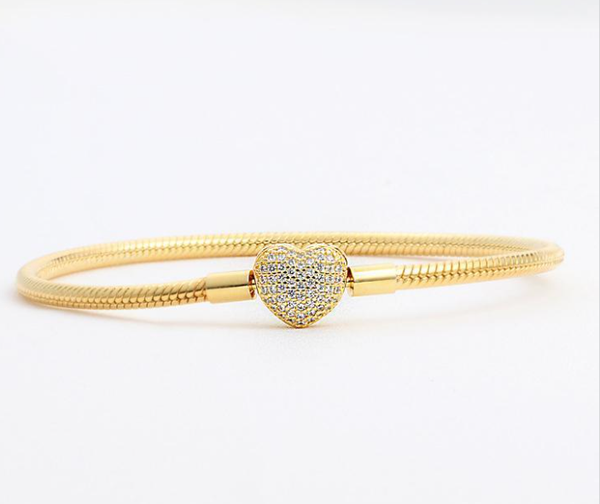 

yellow gold plated diamond heart bracelets set 925 silver snake chain bracelet for women wedding jewelry 18k, Golden;silver