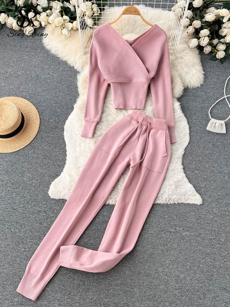 

women s tracksuits singreiny winter casual knitted two pieces sutis v neck long sleeve sweater elastic pants set sweater 230221, Gray