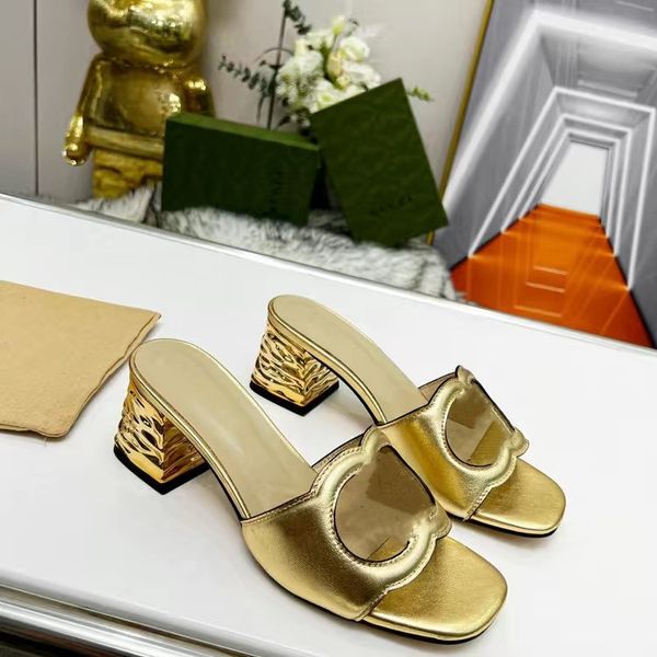 

designer interlocking double g hollow slippers women black leather chunky heels hollow out mid heel sandals summer outdoor beach flip flops