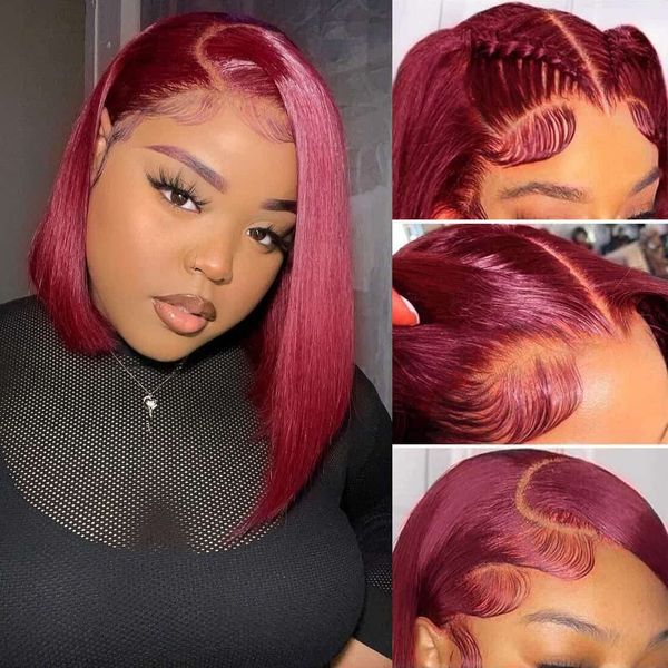 

burgundy straight bob wig lace front human hair wigs for women transparent frontal wig preplucked bleached knots with baby hair, Black